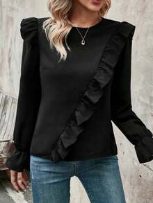 SHEIN Clasi 女士休閒波浪袖襯衫,帶襞邊 - 黑色 - 查看 6