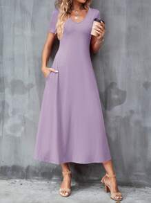 SHEIN Clasi Của phụ nữ Cổ chữ V Ngắn tay Dài Đầm - Màu tím hoa cà - Xem 3