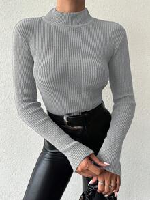 女士緊身半高領毛衣 - 淺灰色 - 查看 4
