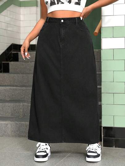 SHEIN EZwear 플러스 사이즈 여성용 포켓 있는 직선형 데님 스커트