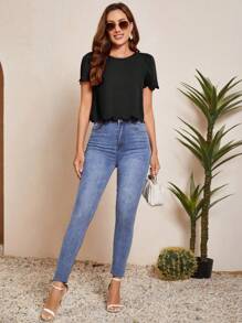 SHEIN Clasi Women's Seashell Edge Puff Sleeve Shirt,Short Sleeve Tops - Black - View 4