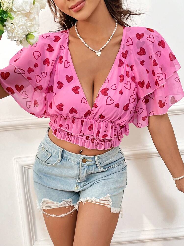 Heart Printed Peplum Hem Cropped Blouse