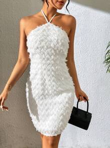 Chiquease Vestido Peludo Con Cuello Halter - Blanco - Ver 1