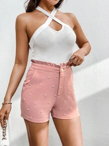 SHEIN Privé Pantalones cortos de mujer de unicolor con decoración de perlas para el Día de San Valentín - Rosa vieja - Ver 6