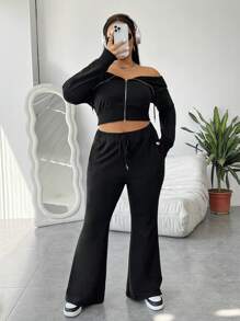 SHEIN EZwear 大尺碼純色露肩運動衫與喇叭褲套裝 - 黑色 - 查看 4