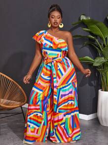Slaydiva One Shoulder Ruffle Printed Jumpsuit, Pride Month Rainbow Design - Multicolor - View 3