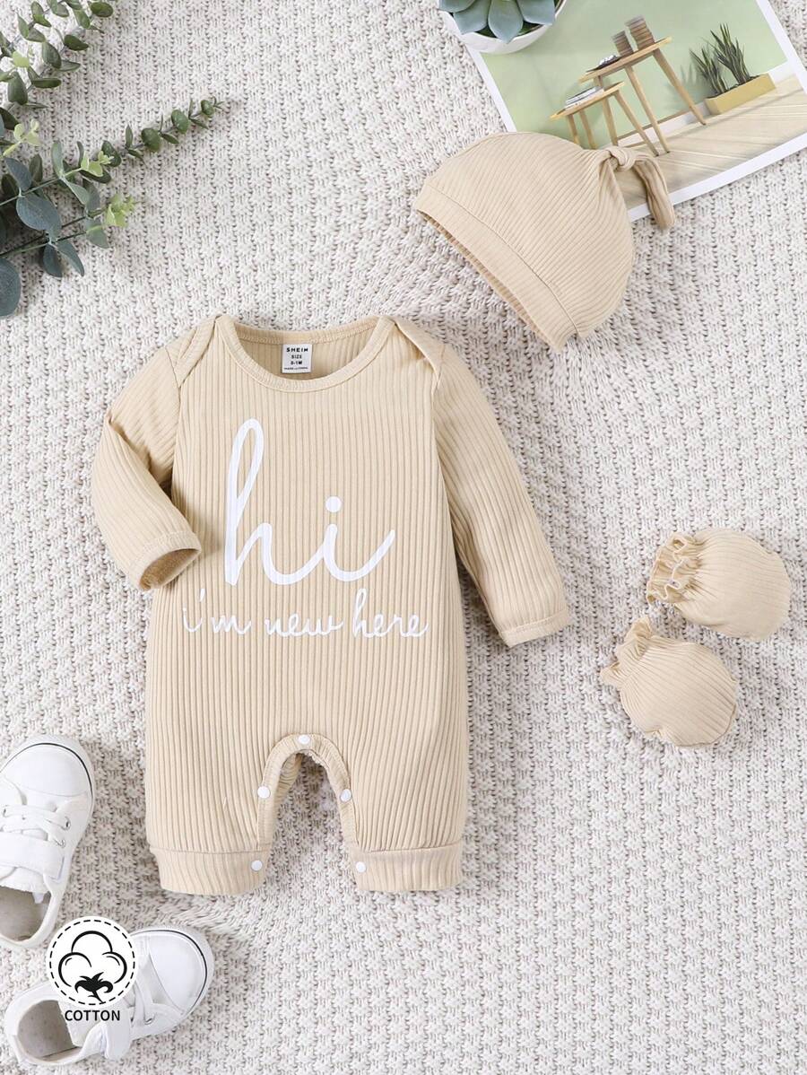 SHEIN Baby Boy Long Sleeve Jumpsuit With Printed Alphabet Pattern - Apricot - View 1