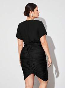 BizChic Dress Ukuran Plus Berikat Ruched Plain Anggun - Hitam - View 2