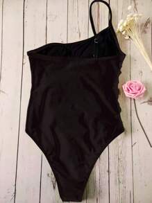 Swim Vcay Summer Beach Ruched One Shoulder One Piece Swimsuit - Black - View 2