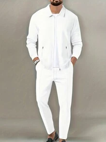 Manfinity Homme Loose Fit Men's Solid Color Casual Two Piece Set, Fall Clothes - White - View 1