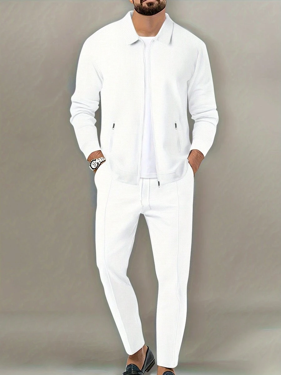Manfinity Homme Loose Fit Men's Solid Color Casual Two Piece Set, Fall Clothes - White - View 1