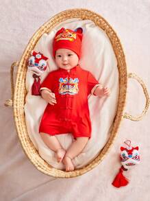 SHEIN Barboteuse À Manches Courtes Col Montant De Style Chinois Pour Nouveau-né Avec Chapeau De Tigre Et Short