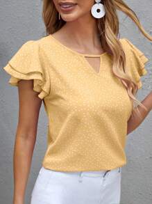 SHEIN Clasi 波點印花雙層荷葉邊袖子編織襯衫 - 杏色 - 查看 1