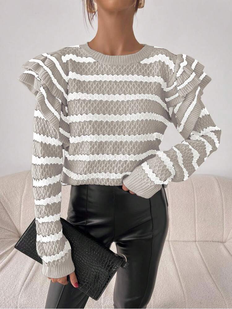 Women's Striped Ruffle Hem Pullover Knit Pullover Fall Winter Sweater