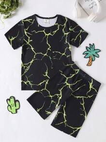 Tween Boy Lightning Họa Tiết In Áo Ngắn Tay Và Quần Short Mặc Ở Nhà Thông Thường 2 Cái/bộ - Nhiều màu - Xem 1