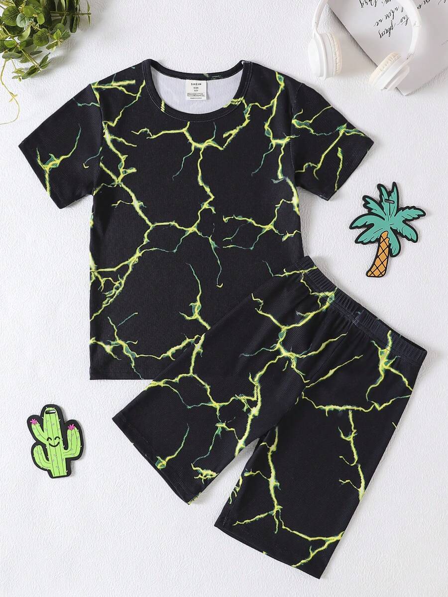 Tween Boy Lightning Họa Tiết In Áo Ngắn Tay Và Quần Short Mặc Ở Nhà Thông Thường 2 Cái/bộ - Nhiều màu - Xem 1