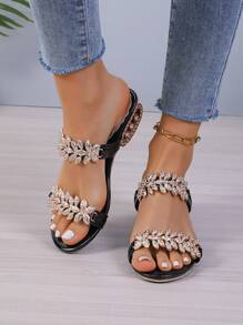 2025 Summer New Women's Fashion Crystal Mid-Heel Square Toe Strap Open Toe Sandals - Black - View 1