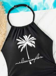 少女熱帶植物印花頸帶無肩帶比基尼套裝 - 黑與白 - 查看 4