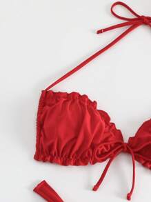 SHEIN Swim 女士纯色褶皱挂脖比基尼套装，带分体比基尼套装，夏季海滩 - 紅色 - 查看 5