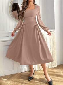 SHEIN Privé Của phụ nữ Thiên nga Vòng cổ Tay áo lồng đèn Đầm - Màu Khaki - Xem 3