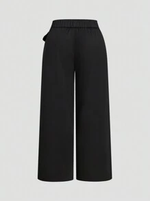 SHEIN Privé Solid Color Front Wrap Tie-Waist Wide Leg Pants, Mountain Inspired - Black - View 8