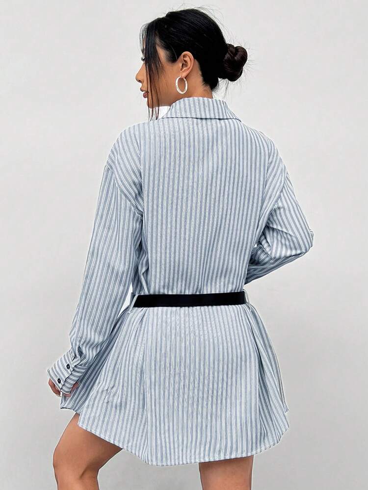 Women's Blue Woven Striped Shirt Belted Dress