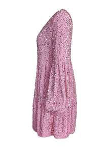 Chiquease Glitzerndes Damen Kleid Mit V-ausschnitt Und Laternenärmeln - Pink - Übersicht 4