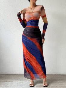 Allurite 女士扎染印花圆领长袖连衣裙 女式长款套装 - 藍色 - 查看 5