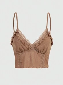 ROMWE Fairycore 女士細肩帶蕾絲拼接背心上衣 - 卡其色 - 查看 1