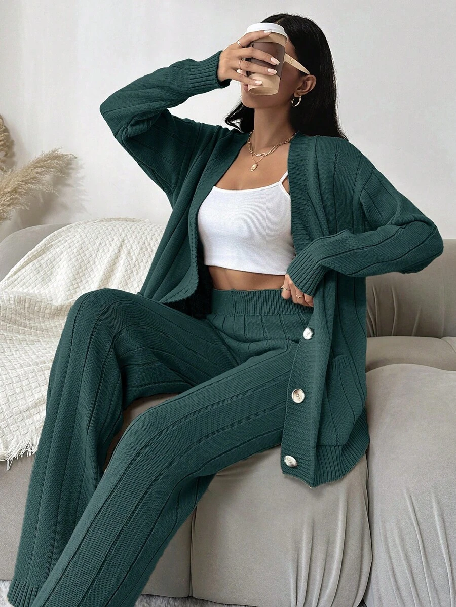 EURMUSE Women'S Solid Color Button-Up Cardigan With Wide Leg Sweater Pants Two-Piece Set - Army Green - View 1