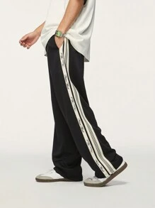 INFLATION Men Letter Graphic Contrast Side Seam Pants - Black - View 3