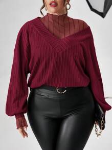 SHEIN Privé Plus Size Mesh Panel 2 In 1 T-Shirt - Burgundy - View 3
