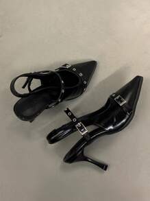 女士复古尖头玛丽珍皮鞋，英伦风高跟鞋，2025春秋新款，法式时尚粗跟高跟鞋，优雅，派对，细高跟鞋 - 黑色 - 查看 4