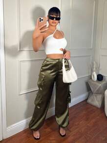 SHEIN SXY Women's Satin Cargo Pants With 3d Pockets, Streetwear Style, Festival Clothing - Grey - View 4