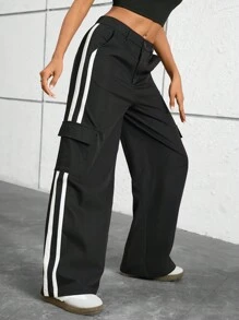 SHEIN Essnce Của phụ nữ Mùa hè giản dị Đen Nhiều túi Thể thao Quần Cargo - Đen và trắng - Xem 1