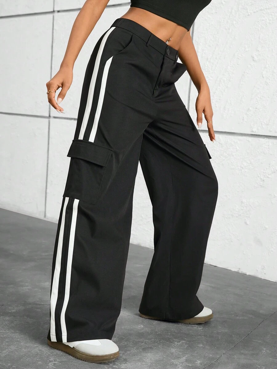 SHEIN Essnce Của phụ nữ Mùa hè giản dị Đen Nhiều túi Thể thao Quần Cargo - Đen và trắng - Xem 1