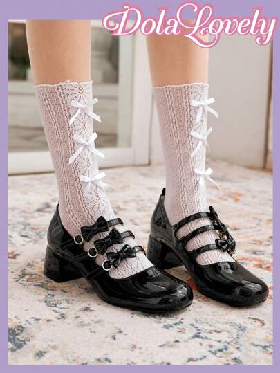 Dola Lovely 女士女孩風格漆皮可愛蝴蝶結優雅風格高跟鞋