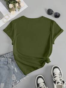 SHEIN LUNE Của phụ nữ Ngắn tay In Clover Áo thun - xanh quân đội - Xem 2