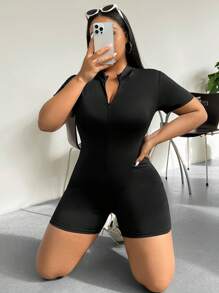 SHEIN EZwear Plus Size Women's Stand Collar Romper - Black - View 4
