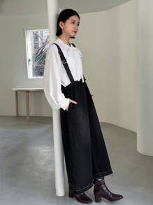 FRIFUL Women'S Long Denim Overalls Dress With Back Zipper Dress - Black - View 3