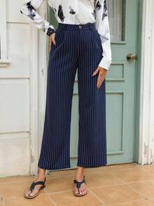 SHEIN BIZwear Women'S Vertical Striped Wide-Leg Pants - Navy Blue - View 6
