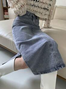 DAZY Women's Washed Denim Side Split Skirt Jeans Skirt - Blue - View 8