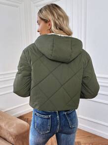 SHEIN LUNE Manteau rembourré matelassé isolé à capuche avec fermeture éclair de couleur unie, avec cordon de serrage, pour l'hiver - Militaire verte - Voir 2