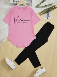 SHEIN Tween Girls' Loose Fit Tay trễ vai có in chữ & Quần mặc khi đi học đại học, 2 cái/bộ - Màu Hồng  Dưa hấu - Xem 1