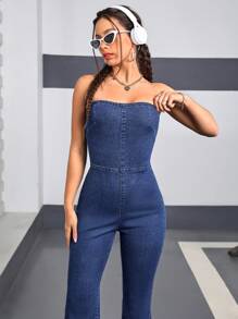 SHEIN EZwear Ladies' Denim Strapless Jumpsuit - Dark Wash - View 4