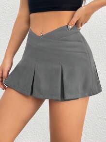 SHEIN PETITE Women'S Solid Color V-Shaped Waistband Pleated Mini Skirt