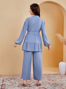 SHEIN Leap Crew 少女休閒 2 件泡泡袖幾何拼布緞帶襯衫與長褲 - 藍色 - 查看 2