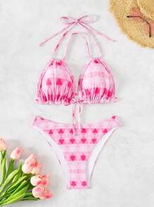 SHEIN Swim Mod Bộ Bikini hai mảnh cổ dây có dây buộc dành cho nữ Đi biển mùa hè - Nhiều màu - Xem 3