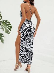 SHEIN VCAY Women's Cross Back High Slit Cami Dress - Black and White - View 1