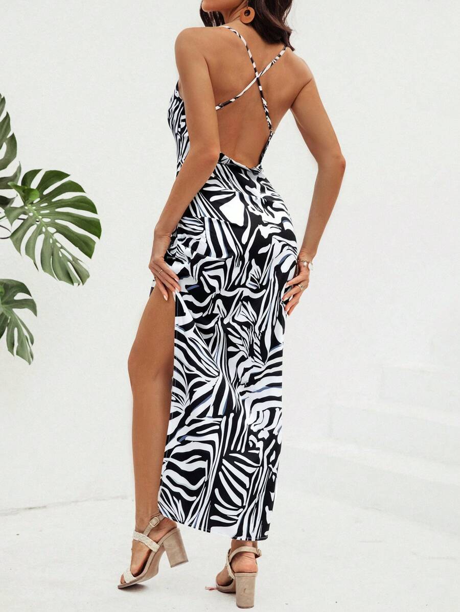 SHEIN VCAY Women's Cross Back High Slit Cami Dress - Black and White - View 1